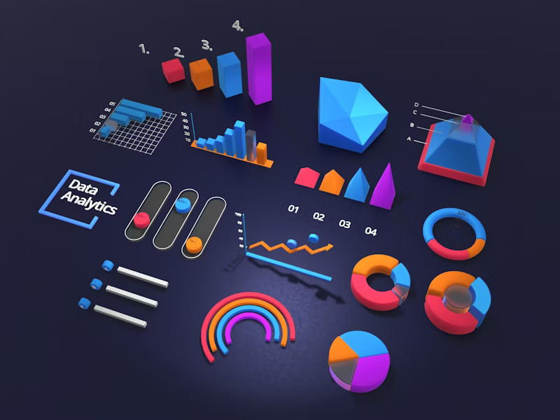 Business analytics dashboard displaying pie charts with expense breakdowns, income distribution, and profit margins